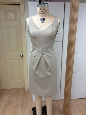 Sleeveless Taupe Sheath Dress with Front Twist Detail